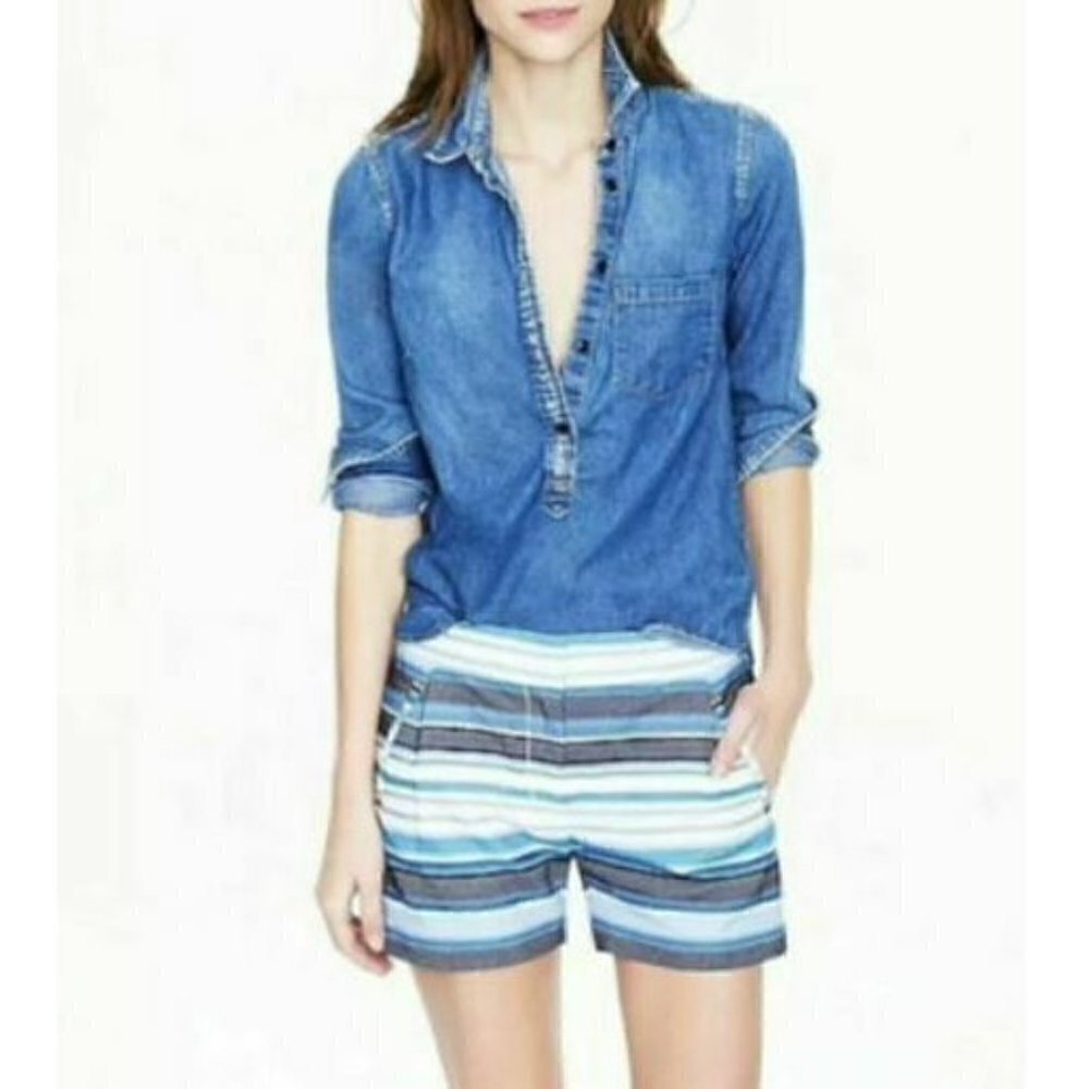 J. Crew Womens Size 4 Blue Striped Textured Mini Pleated Shorts Pockets Boho